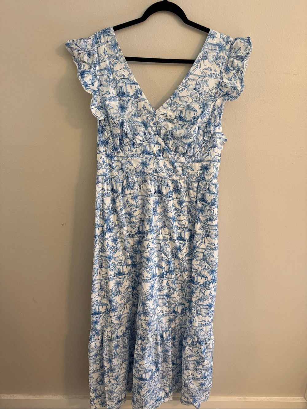 STATE Toile Print V Neck Ruffle Sleeve Dress